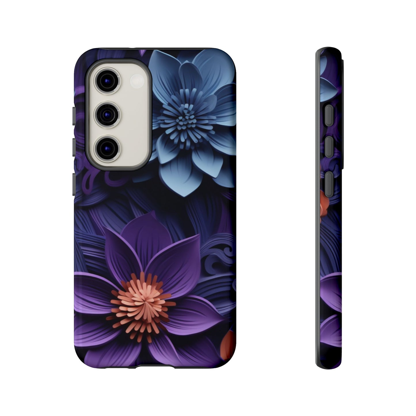 3D Floral Elegance Mobile Case – Midnight Blue & Purple Bloom