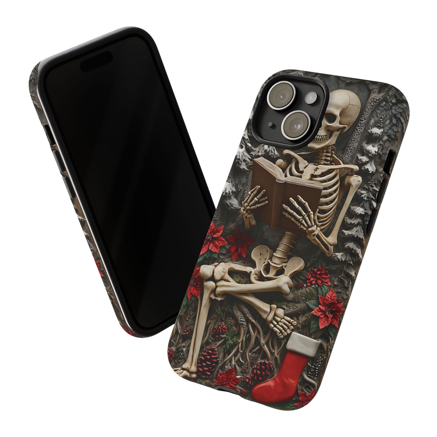 Surreal Relief Sculpture of Skeleton Reading Amidst Festive Decor phone case design