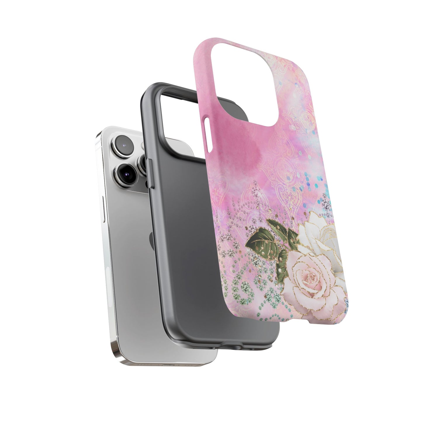 Luxury Pink & White Rose Glitter Mobile Case – Elegant & Shimmering Design