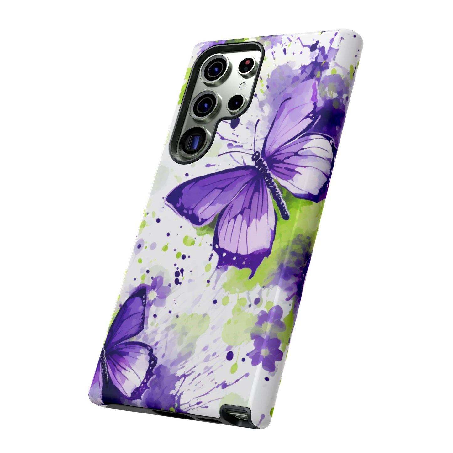 Vibrant Purple Butterfly Splash Mobile Cover – Artistic Green & Violet Aesthetic