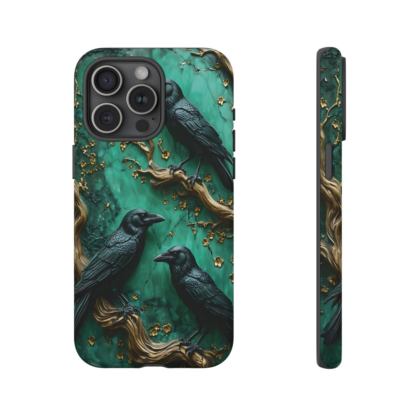 Three Black Ravens Perched On Gold-Accent Branches phone case design