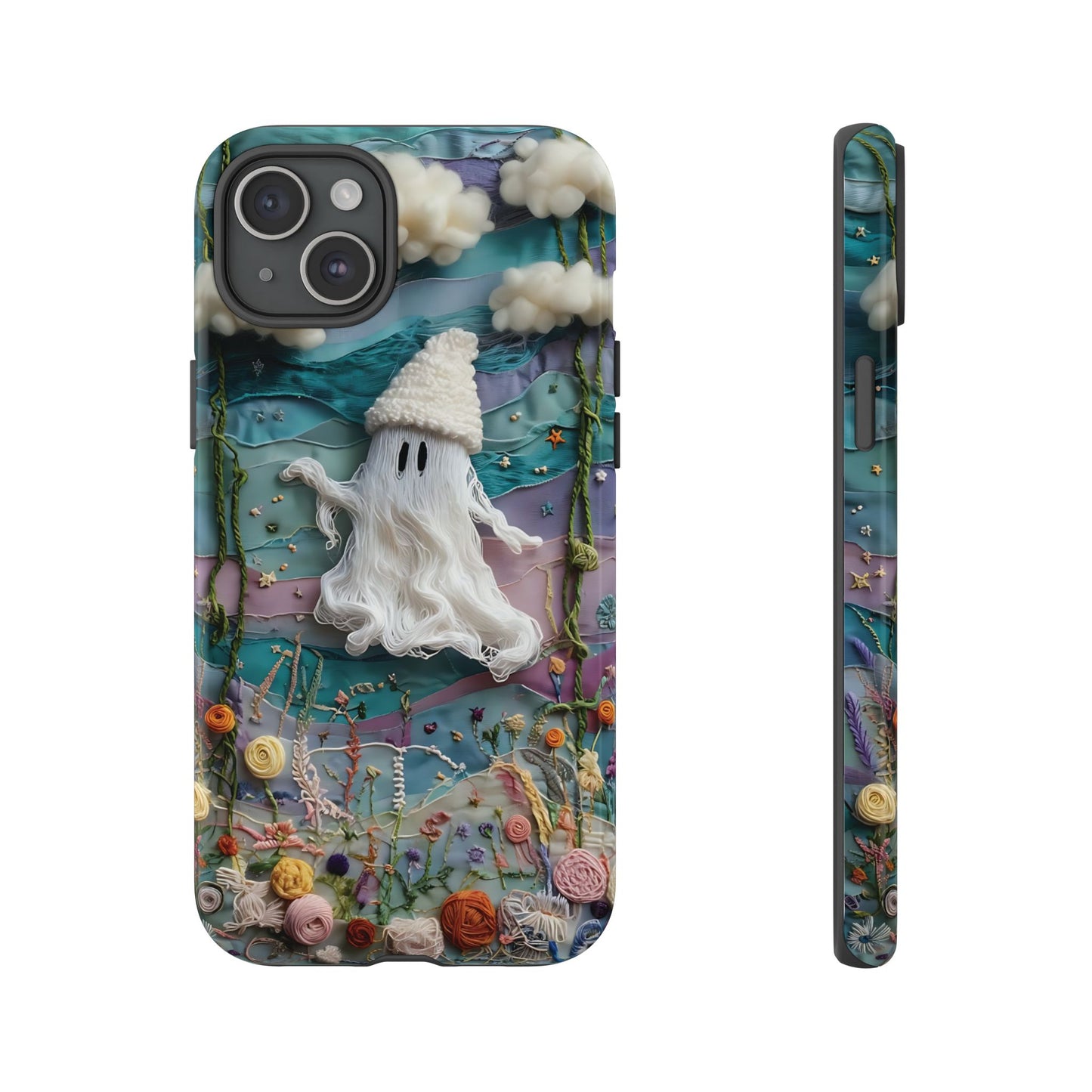 Whimsical Ghost Surrounded By Vibrant Embroidered Flowers phone case design.