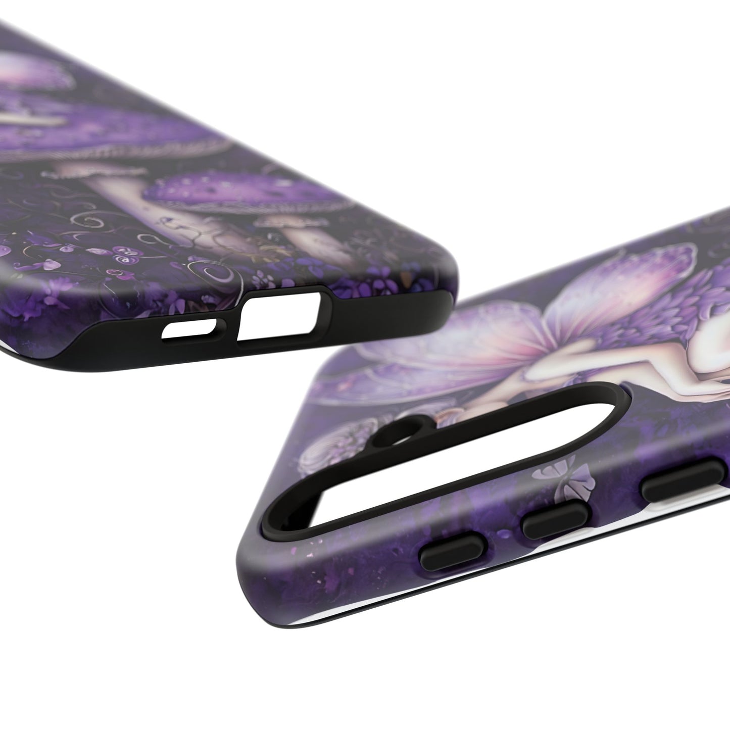 Whimsical Fairy Seated On Purple Mushroom In Enchanting Scene phone case design.