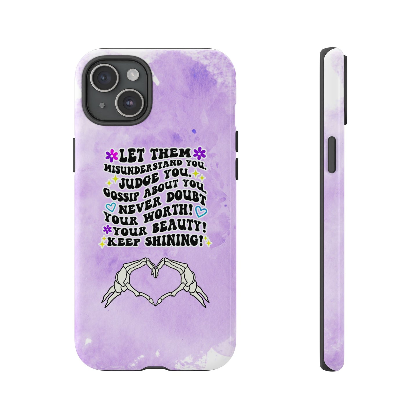 Skeleton Hand Heart Phone Case, Let Them Misunderstand You, Judge You, Gossip About You, Never Doubt Your Worth, Your Beauty Keep Shining Phone Case, Motivational Quote Cover for iPhone, Samsung & Google Pixel White Peach Checkered Pattern Phone Cover
