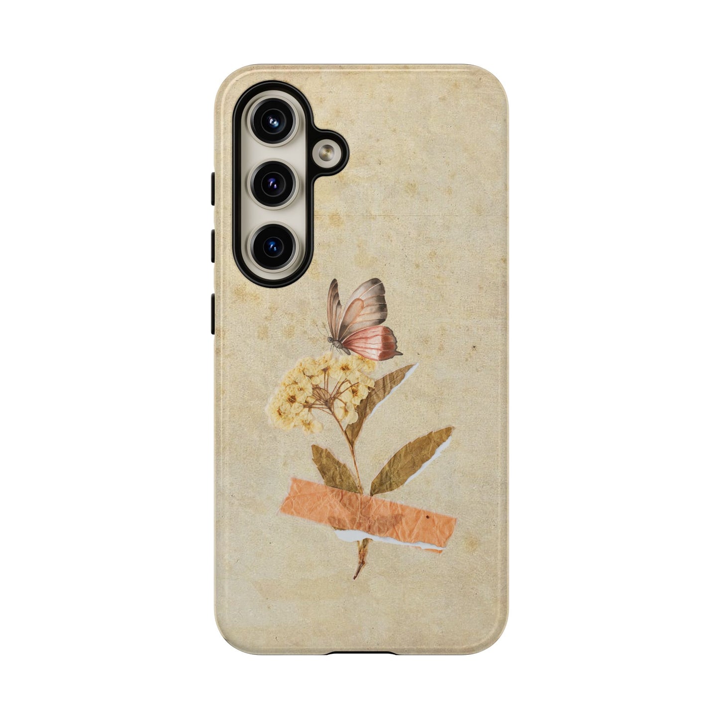 Minimal Vintage Floral Phone Case – Yellow Flower & Butterfly on Beige | For iPhone, Samsung & Google Pixel