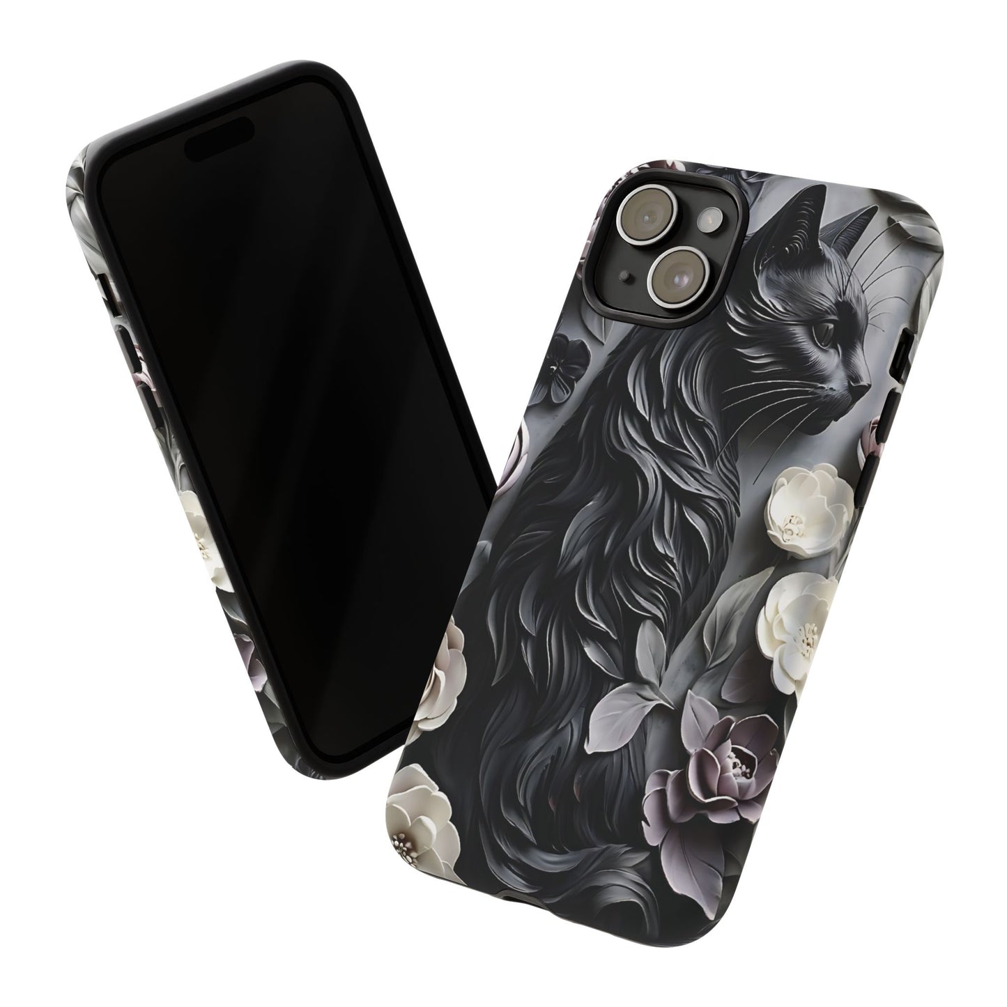 Intricate Bas-Relief Sculpture Of Black Cat Among Flowers phone case design