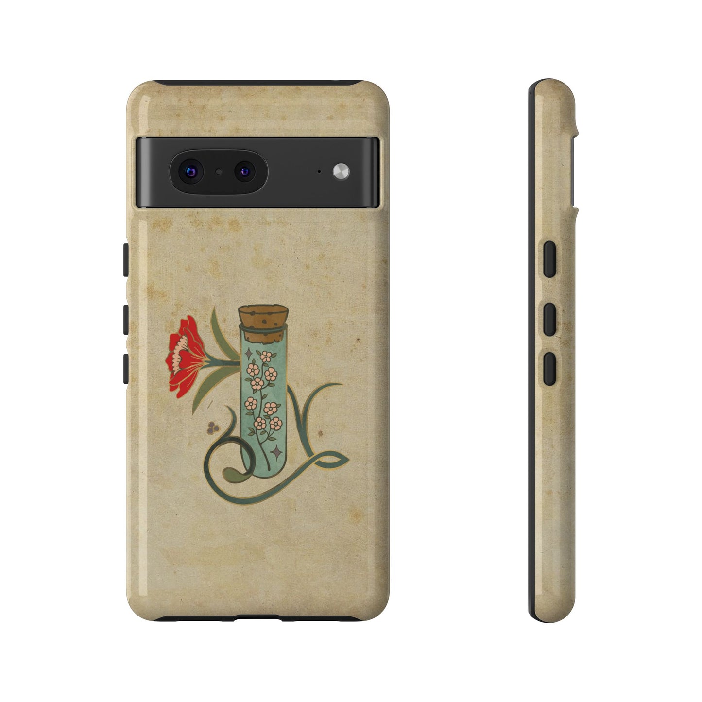 Vintage Floral Glass Tube Phone Case – Minimal Aesthetic, Beige Background (iPhone, Samsung, Pixel)