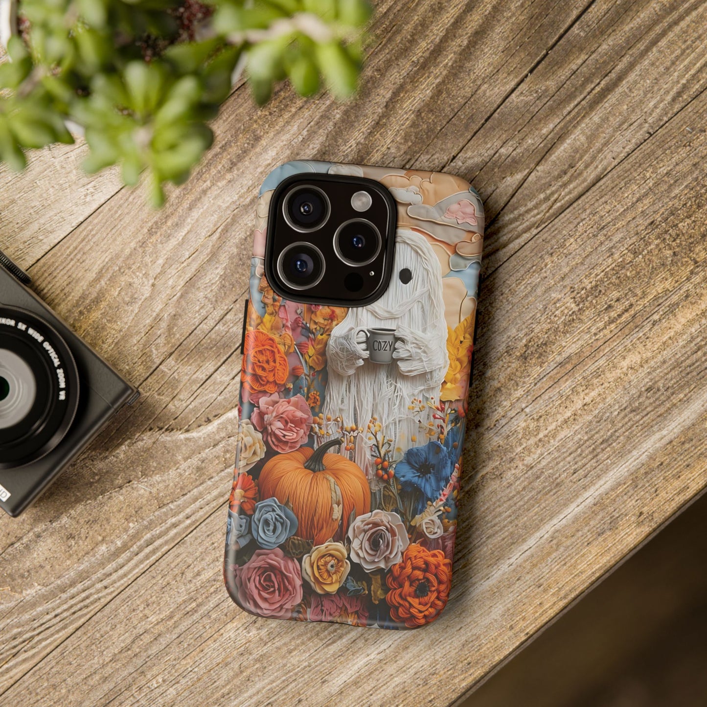 Colorful Whimsical Artwork of Ghost in Autumn Scene phone case design.