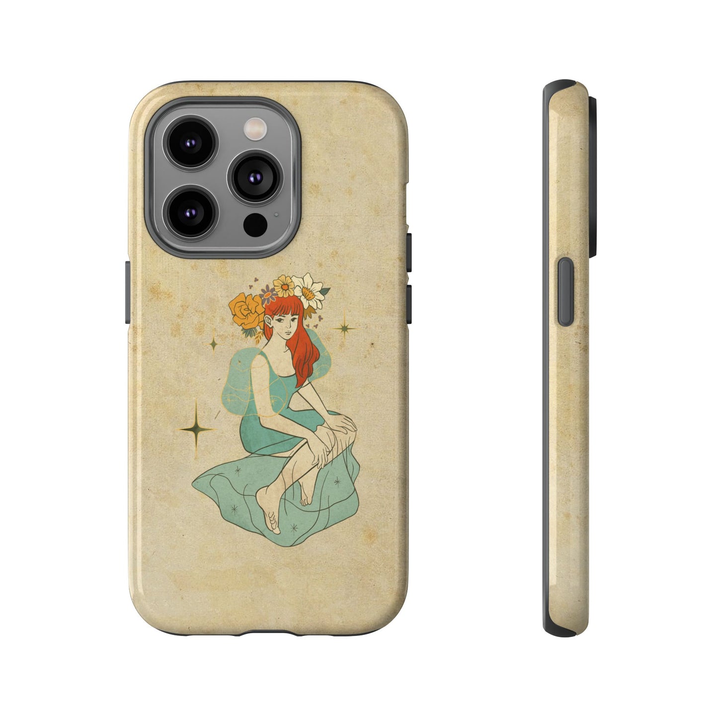Vintage Aesthetic Phone Case – Cute Girl with Flower Crown | Minimal Beige Cover for iPhone, Samsung & Pixel