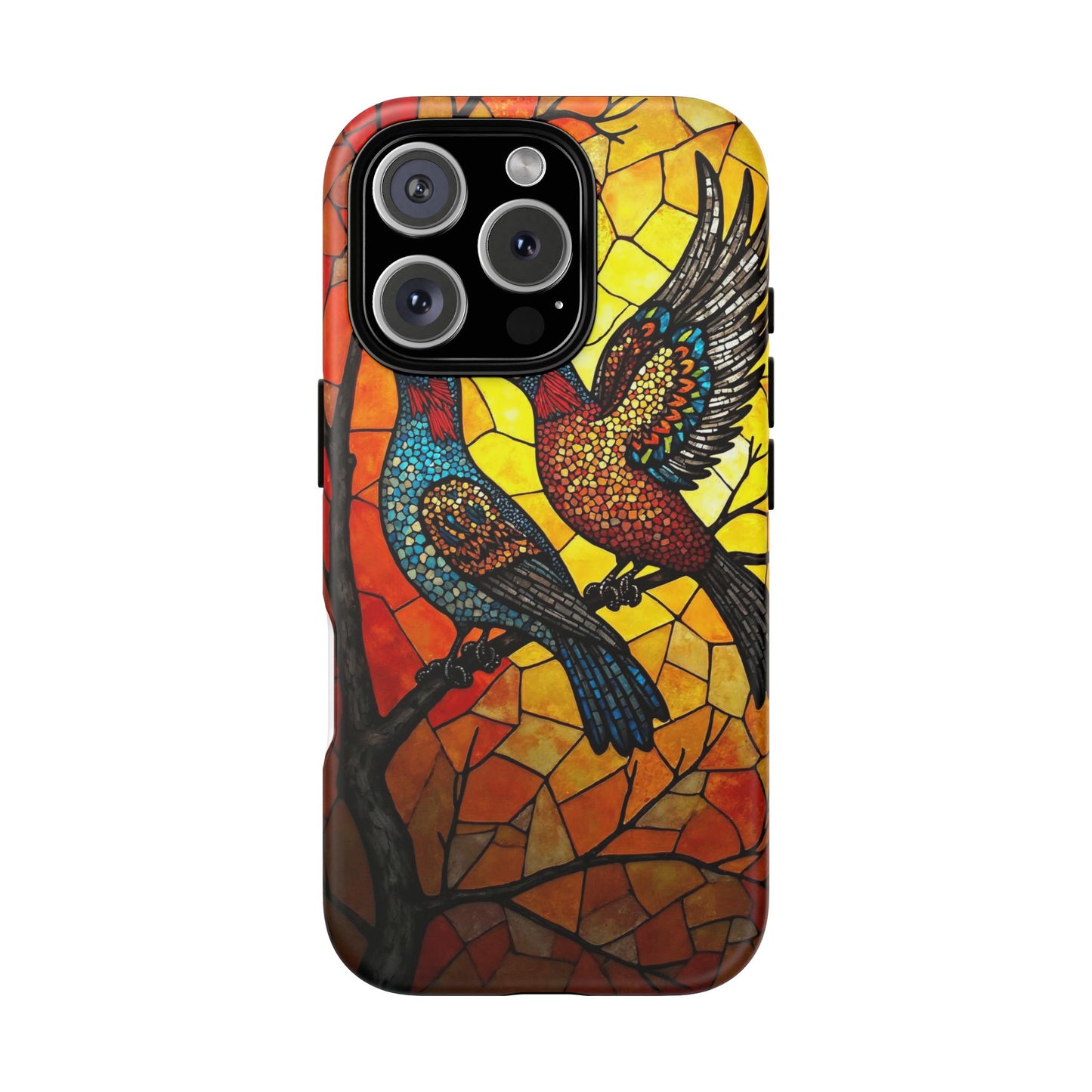Vibrant Hummingbirds with Stained Glass Charm