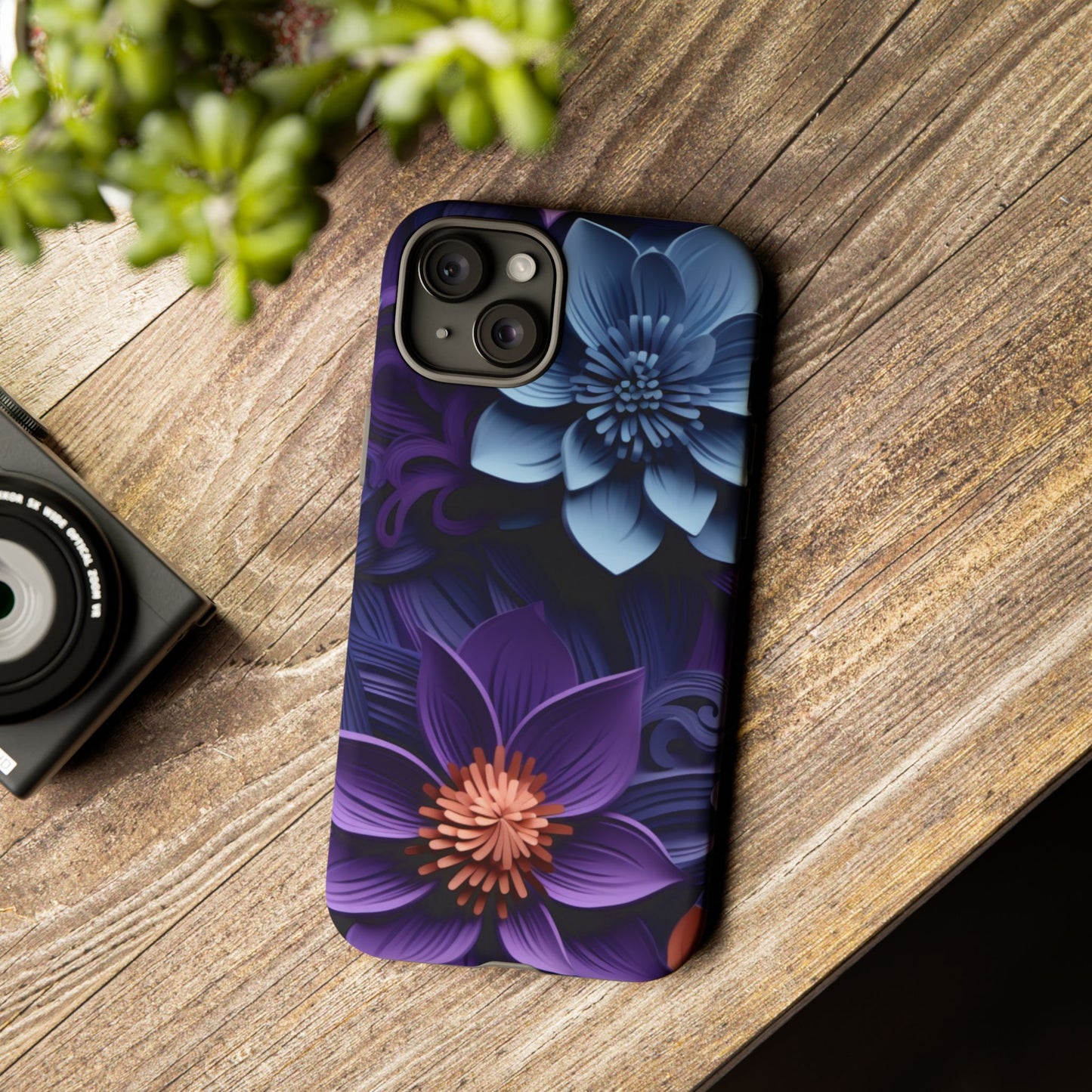 3D Floral Elegance Mobile Case – Midnight Blue & Purple Bloom