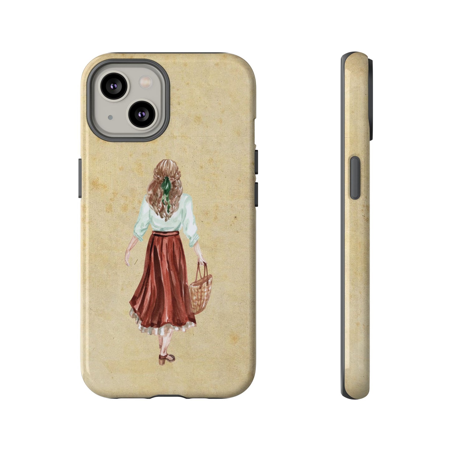 Minimal Vintage Girl with Bag Phone Case – Aesthetic Beige Design for iPhone, Samsung & Google Pixel