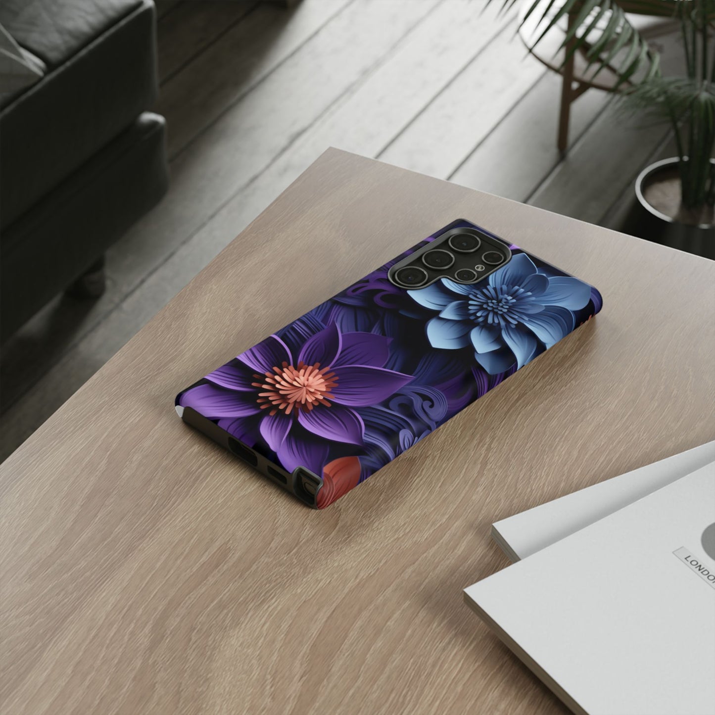 3D Floral Elegance Mobile Case – Midnight Blue & Purple Bloom