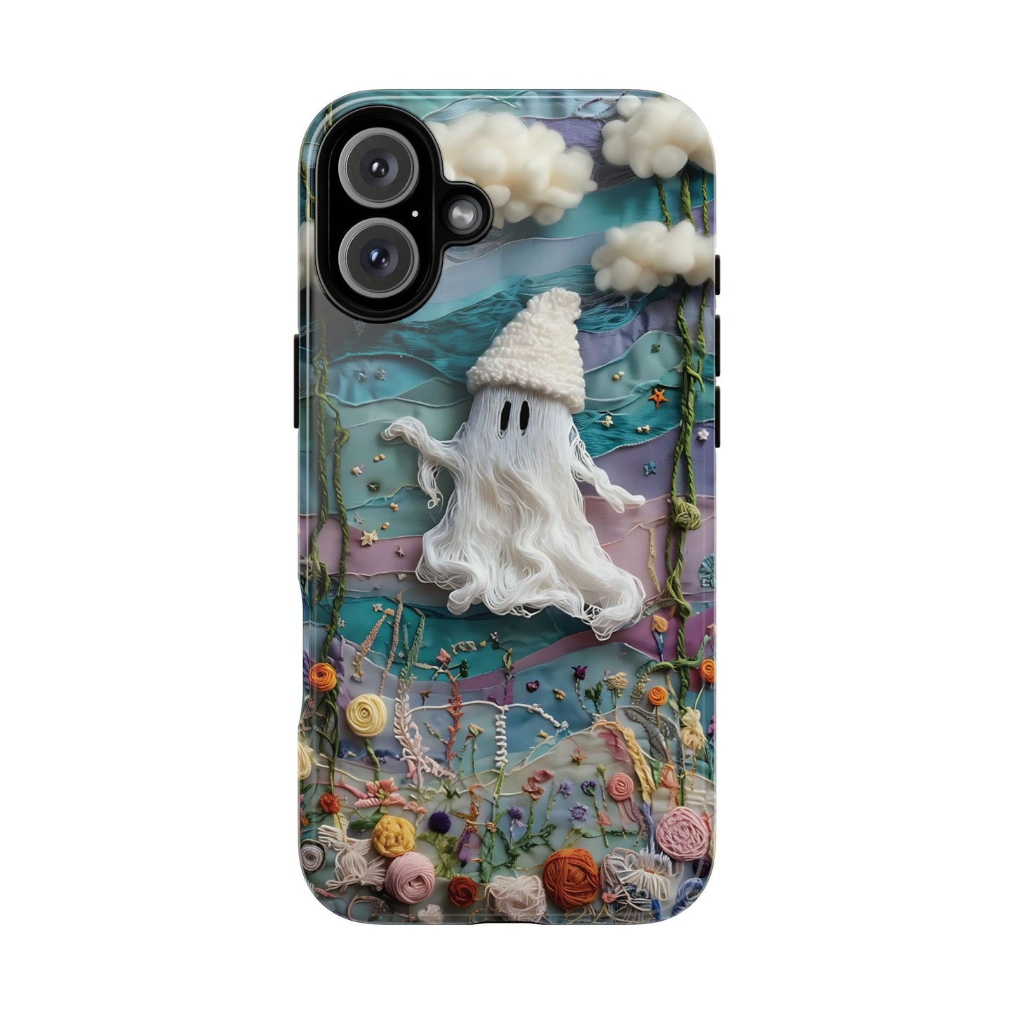 Whimsical Ghost Surrounded By Vibrant Embroidered Flowers phone case design.