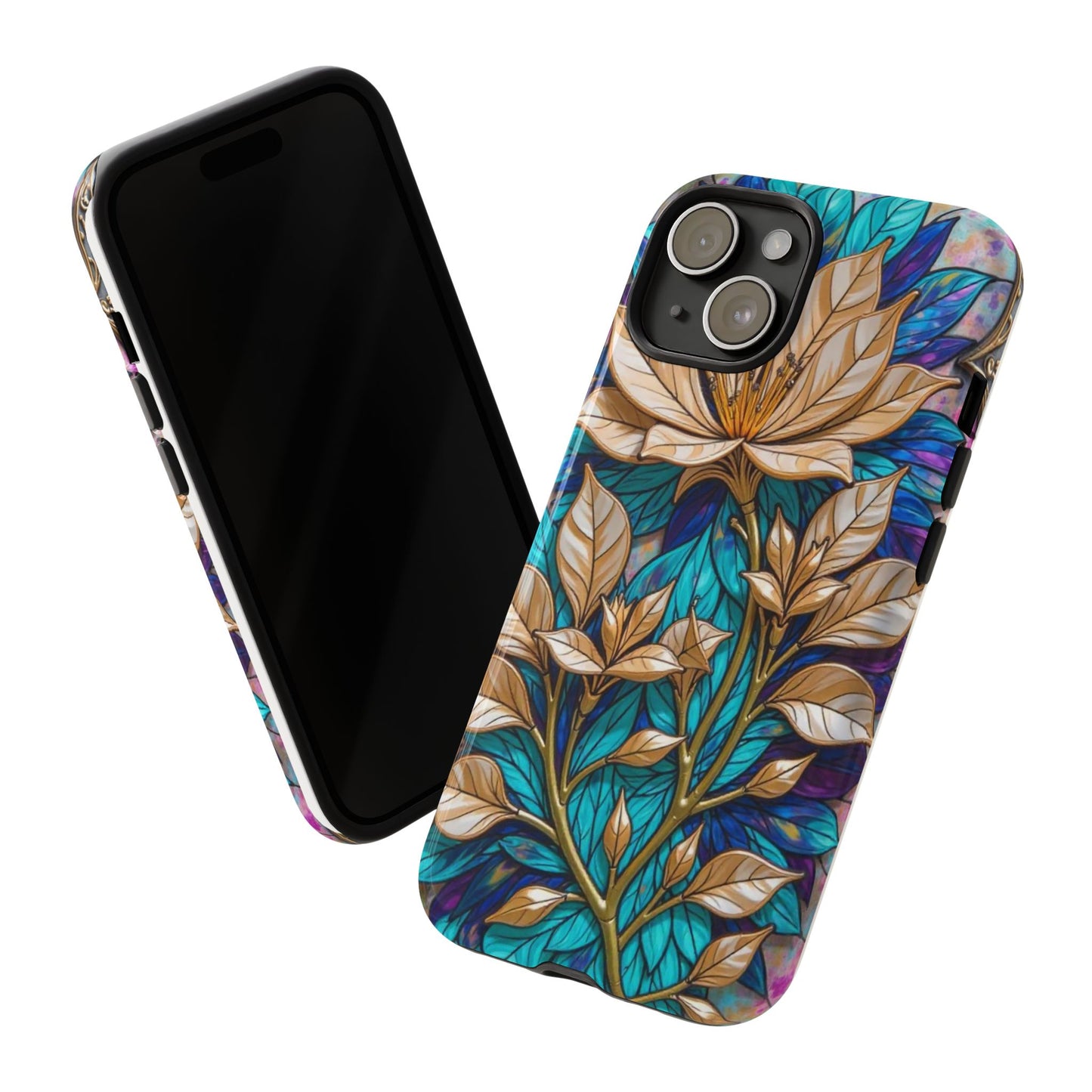 Majestic Golden Blossoms on Mosaic Blue Splendor
