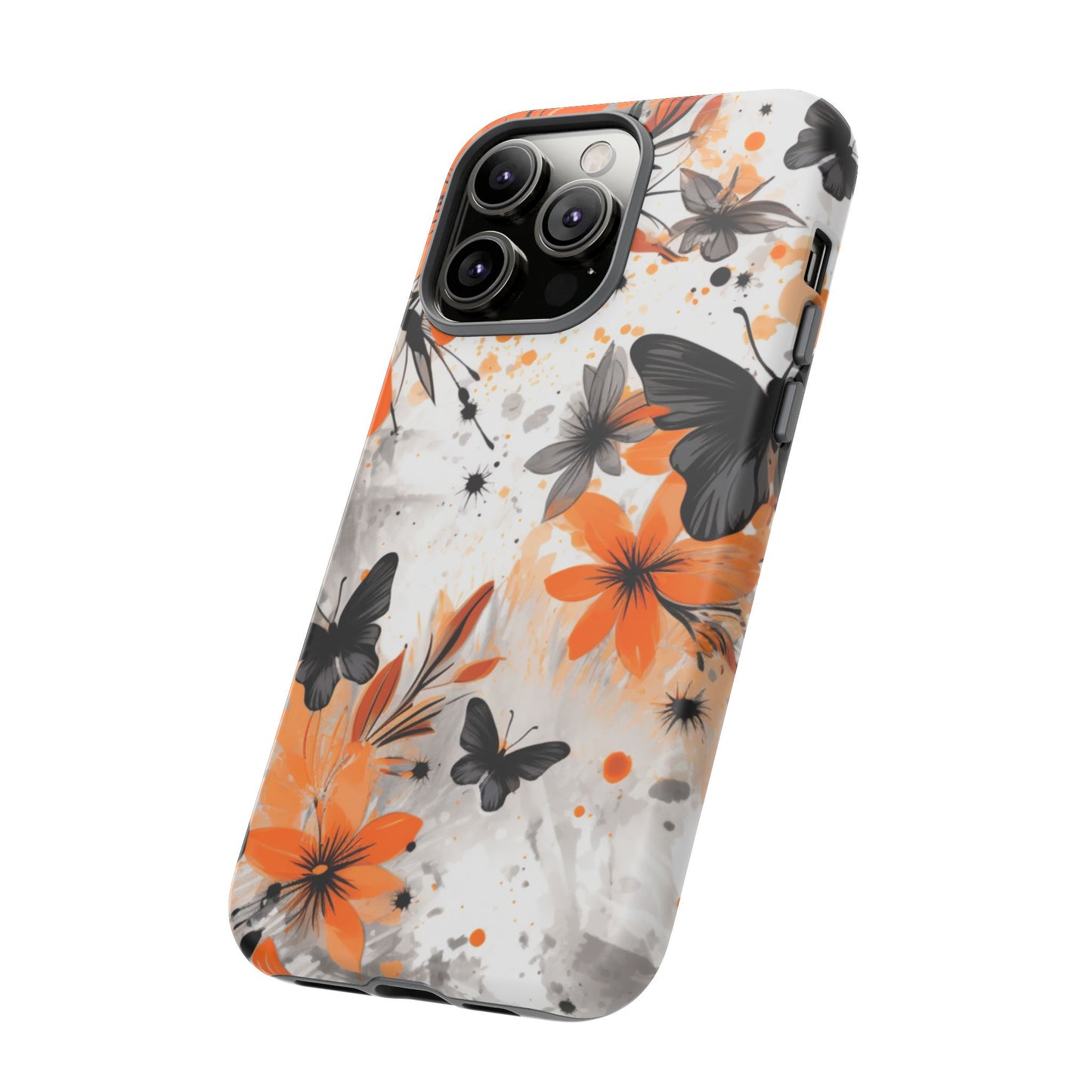 Bold Butterfly & Floral Splash Mobile Cover – Black & Orange Aesthetic