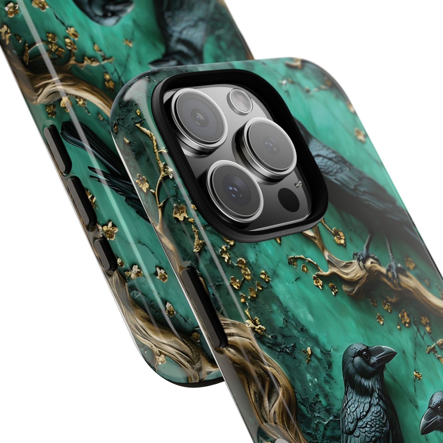 Three Black Ravens Perched On Gold-Accent Branches phone case design