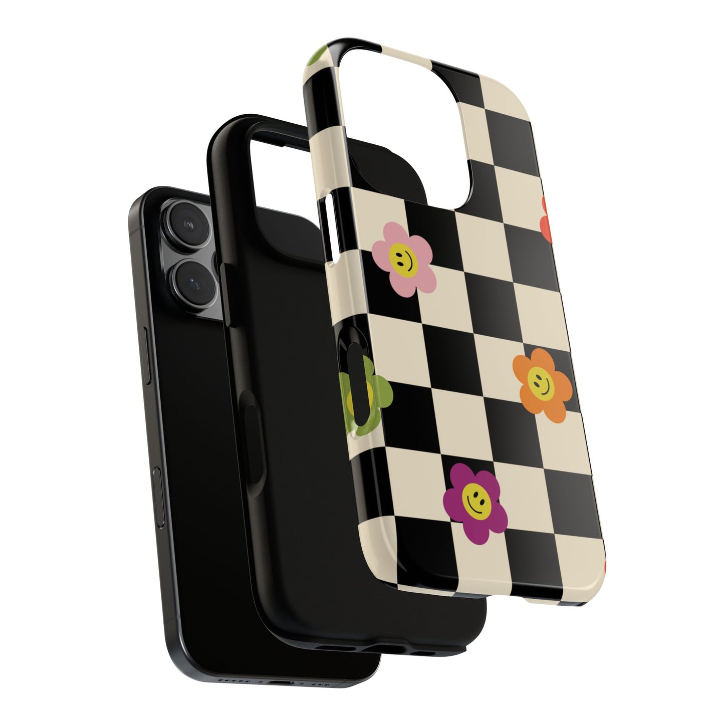 Retro Floral Phone Case – Vintage Flowers on Black & Beige Tiles, Chess Phone Case | For iPhone, Samsung & Google Pixel