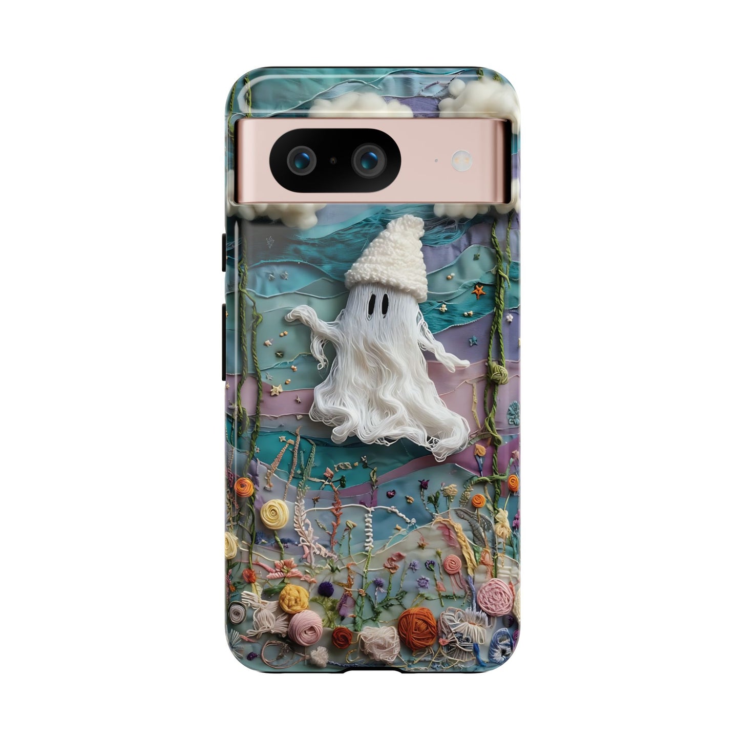 Whimsical Ghost Surrounded By Vibrant Embroidered Flowers phone case design.