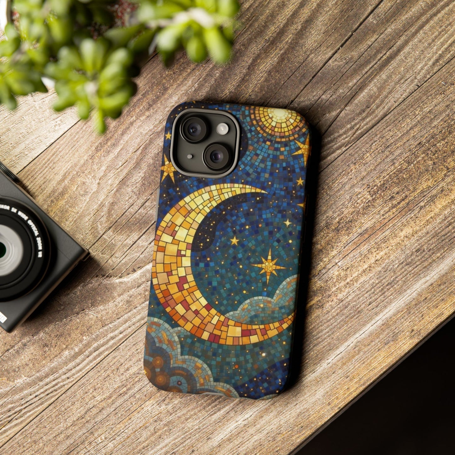 Golden Crescent: Mosaic Moon and Starry Night