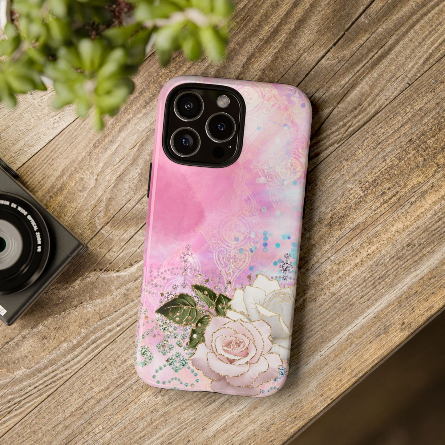 Luxury Pink & White Rose Glitter Mobile Case – Elegant & Shimmering Design