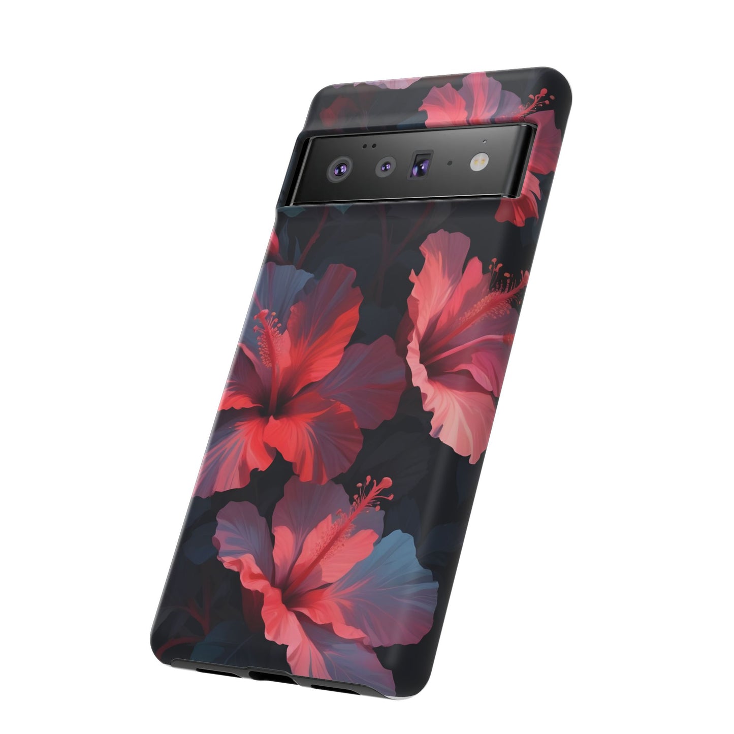 Vibrant red and pink hibiscus flowers blooming against a dark background| Floral phone case design