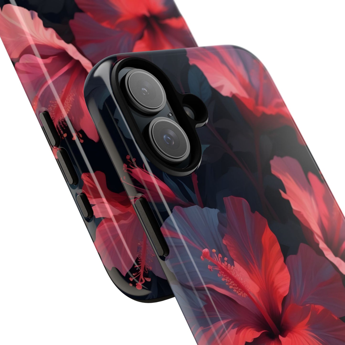 Vibrant red and pink hibiscus flowers blooming against a dark background| Floral phone case design
