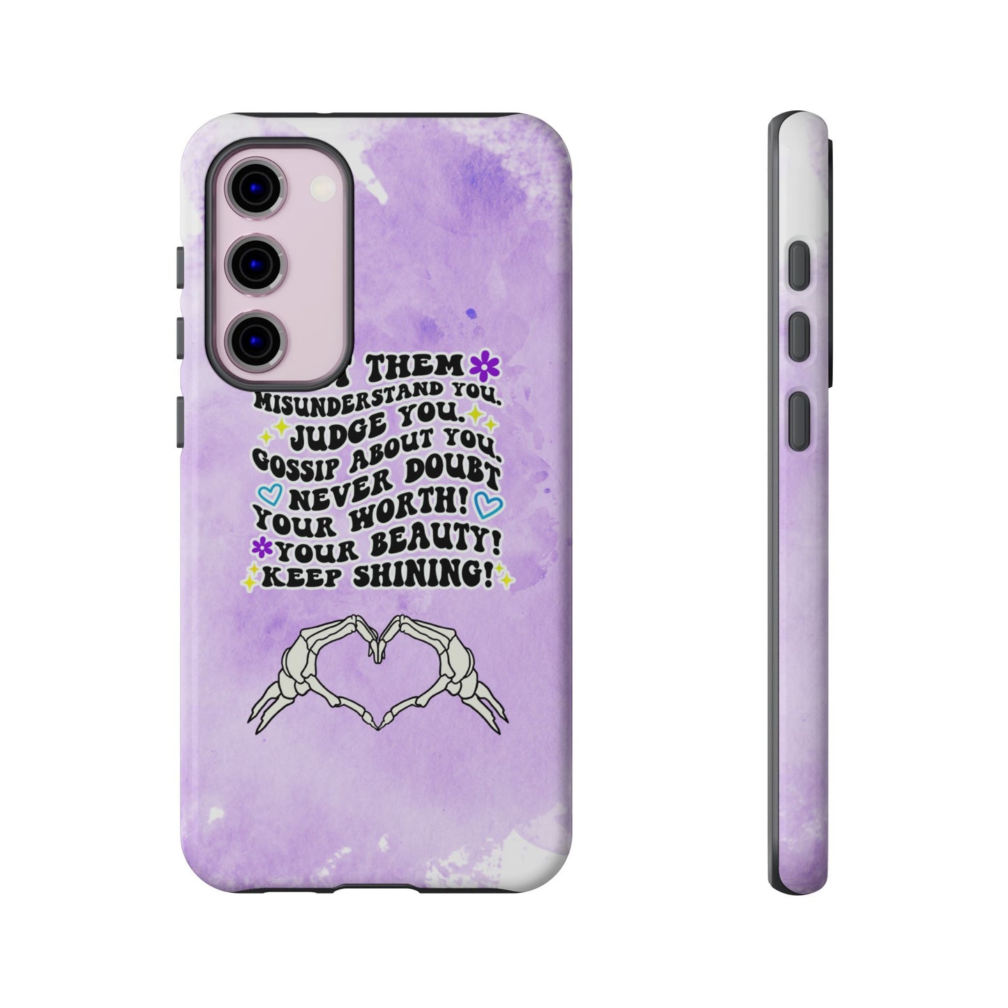 Skeleton Hand Heart Phone Case, Let Them Misunderstand You, Judge You, Gossip About You, Never Doubt Your Worth, Your Beauty Keep Shining Phone Case, Motivational Quote Cover for iPhone, Samsung & Google Pixel White Peach Checkered Pattern Phone Cover