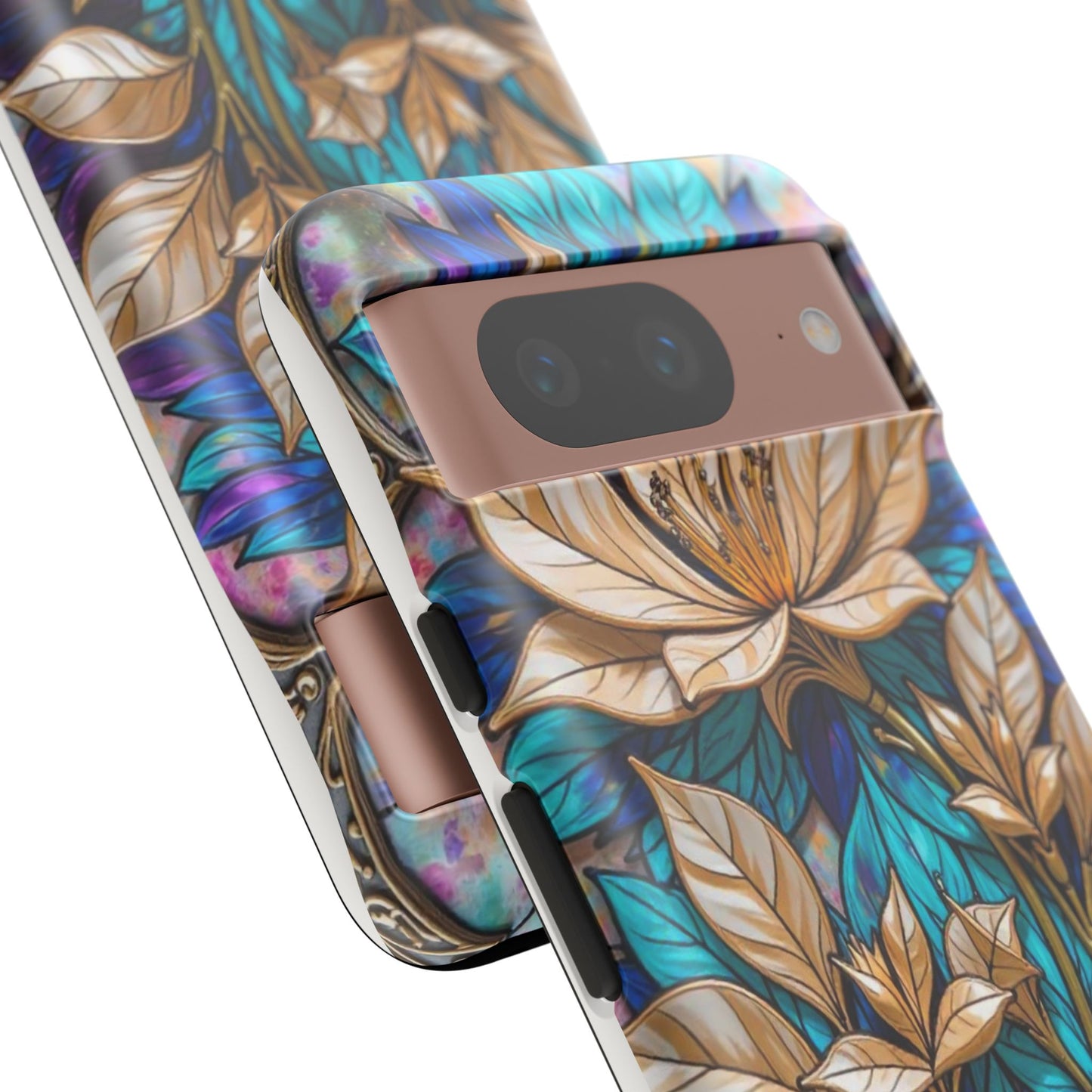Majestic Golden Blossoms on Mosaic Blue Splendor