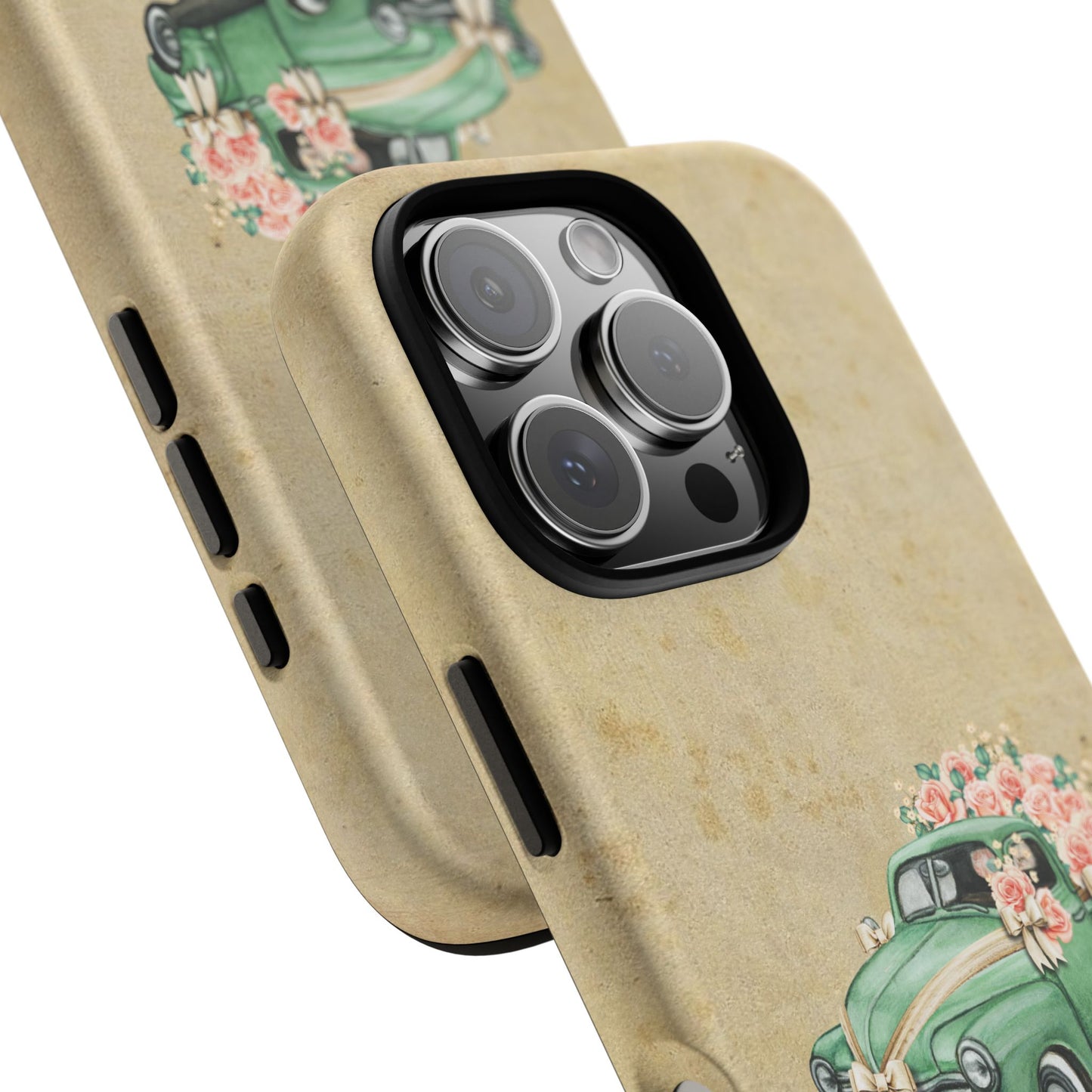 Minimal Vintage Floral Car Phone Case – Green Classic Car on Beige Background – for iPhone, Samsung & Google Pixel