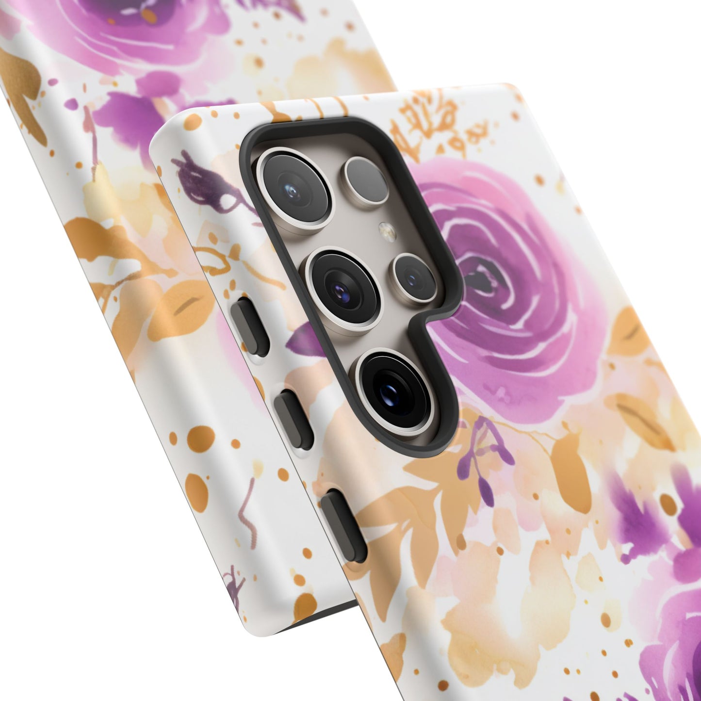 Purple Bloom Watercolor Mobile Case – Artistic Elegance in Gold & Lilac