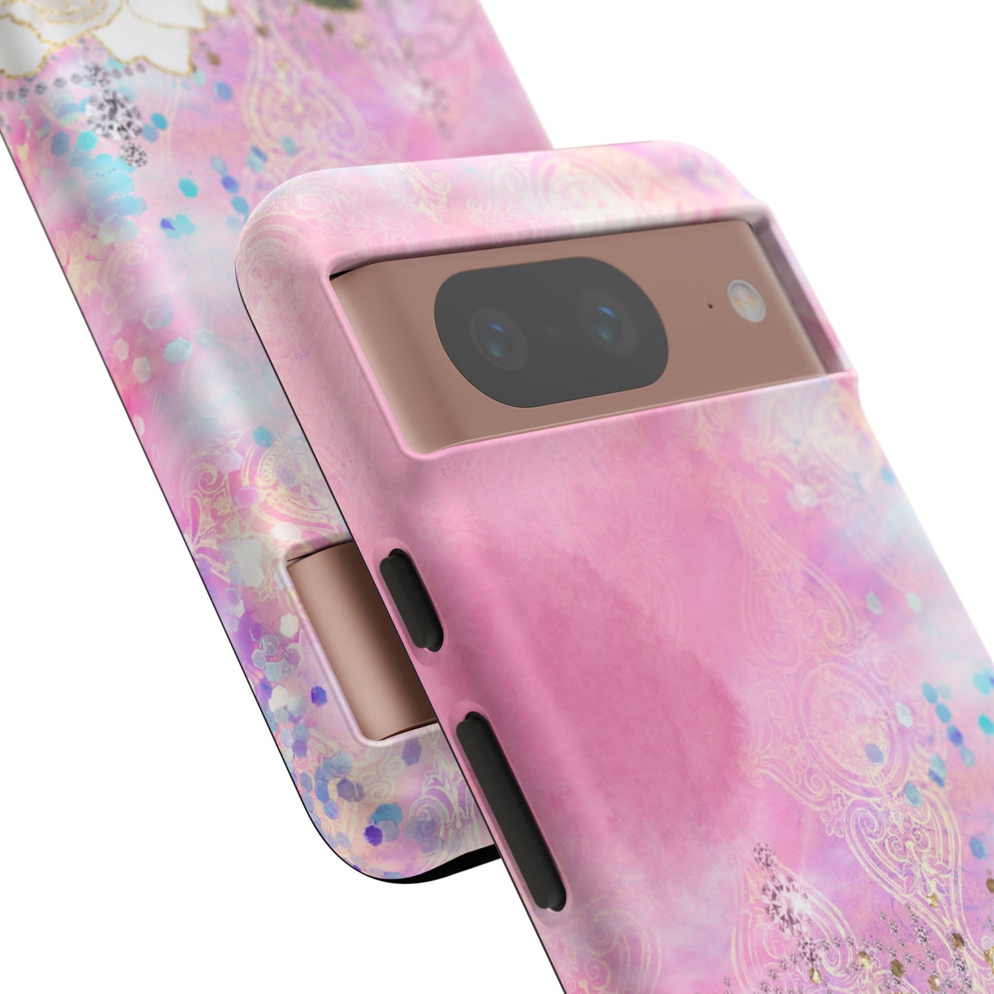 Luxury Pink & White Rose Glitter Mobile Case – Elegant & Shimmering Design
