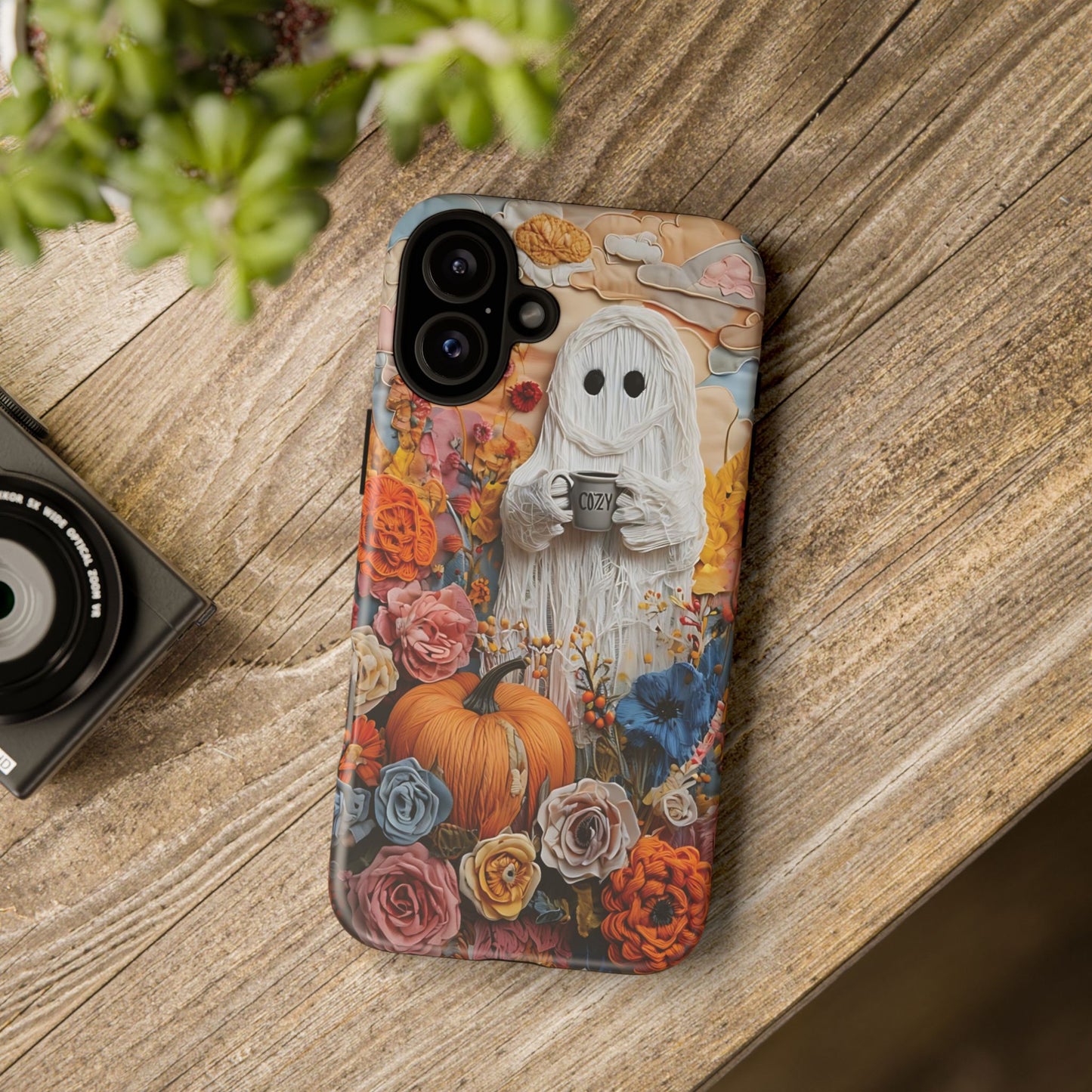 Colorful Whimsical Artwork of Ghost in Autumn Scene phone case design.