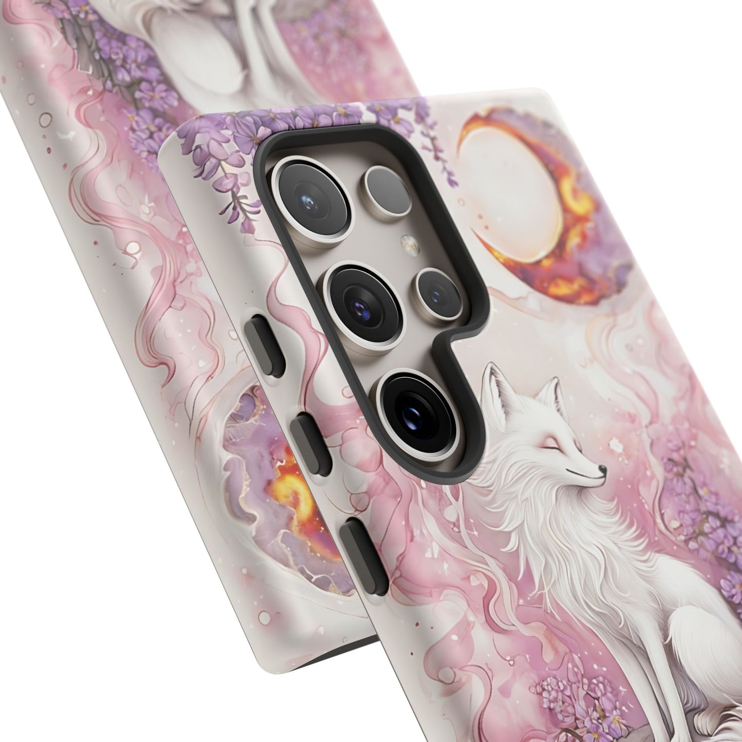 Whimsical White Fox Surrounded By Lavender And Pink Blooms phone case design.