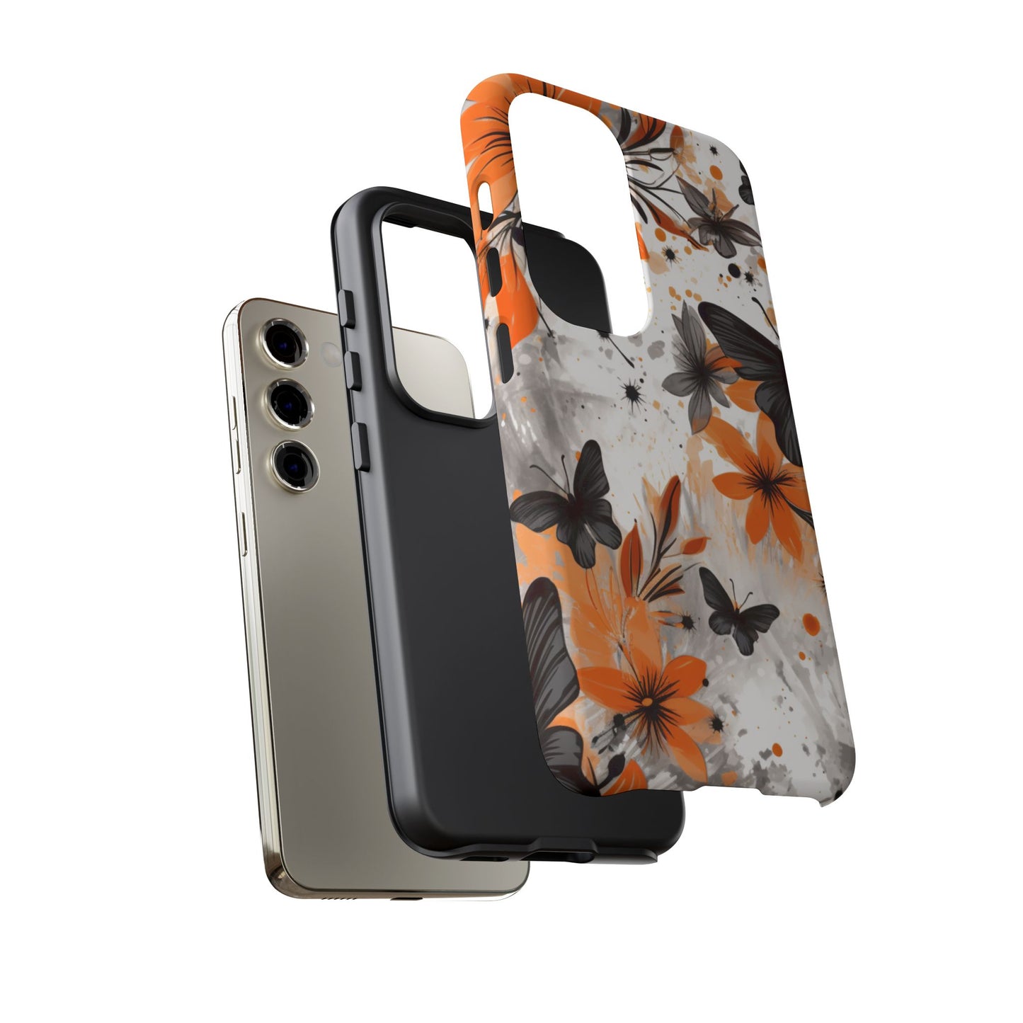 Bold Butterfly & Floral Splash Mobile Cover – Black & Orange Aesthetic