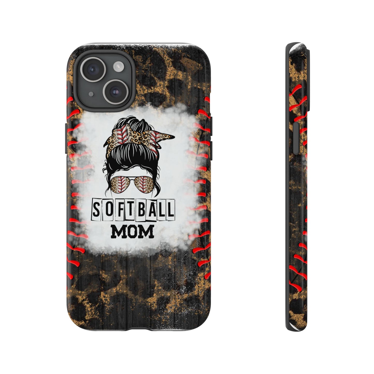 Softball Mom Phone Case for iPhone, Samsung & Google Pixel, Messy Bun Phone Case, Leopard Print Phone Case, Sports Lover Gift