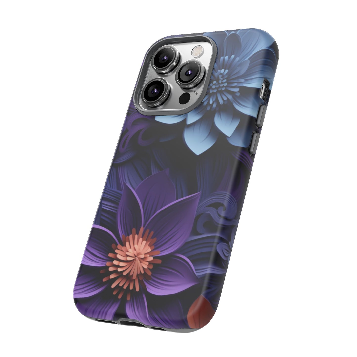 3D Floral Elegance Mobile Case – Midnight Blue & Purple Bloom