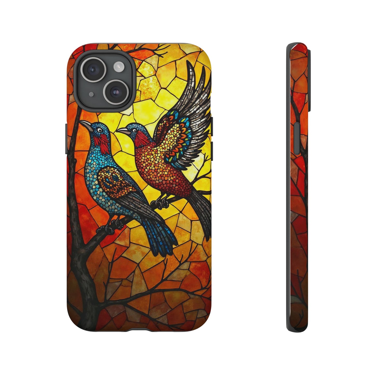 Vibrant Hummingbirds with Stained Glass Charm