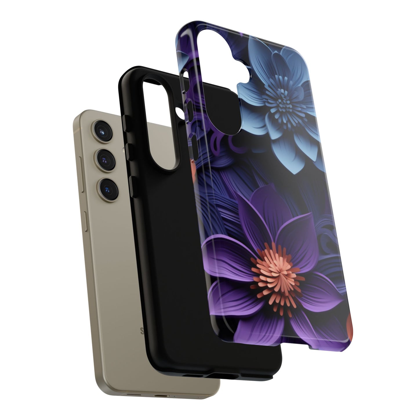 3D Floral Elegance Mobile Case – Midnight Blue & Purple Bloom