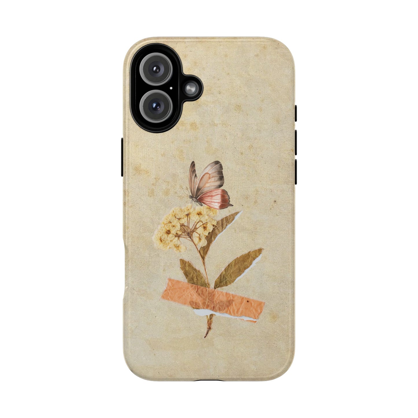 Minimal Vintage Floral Phone Case – Yellow Flower & Butterfly on Beige | For iPhone, Samsung & Google Pixel