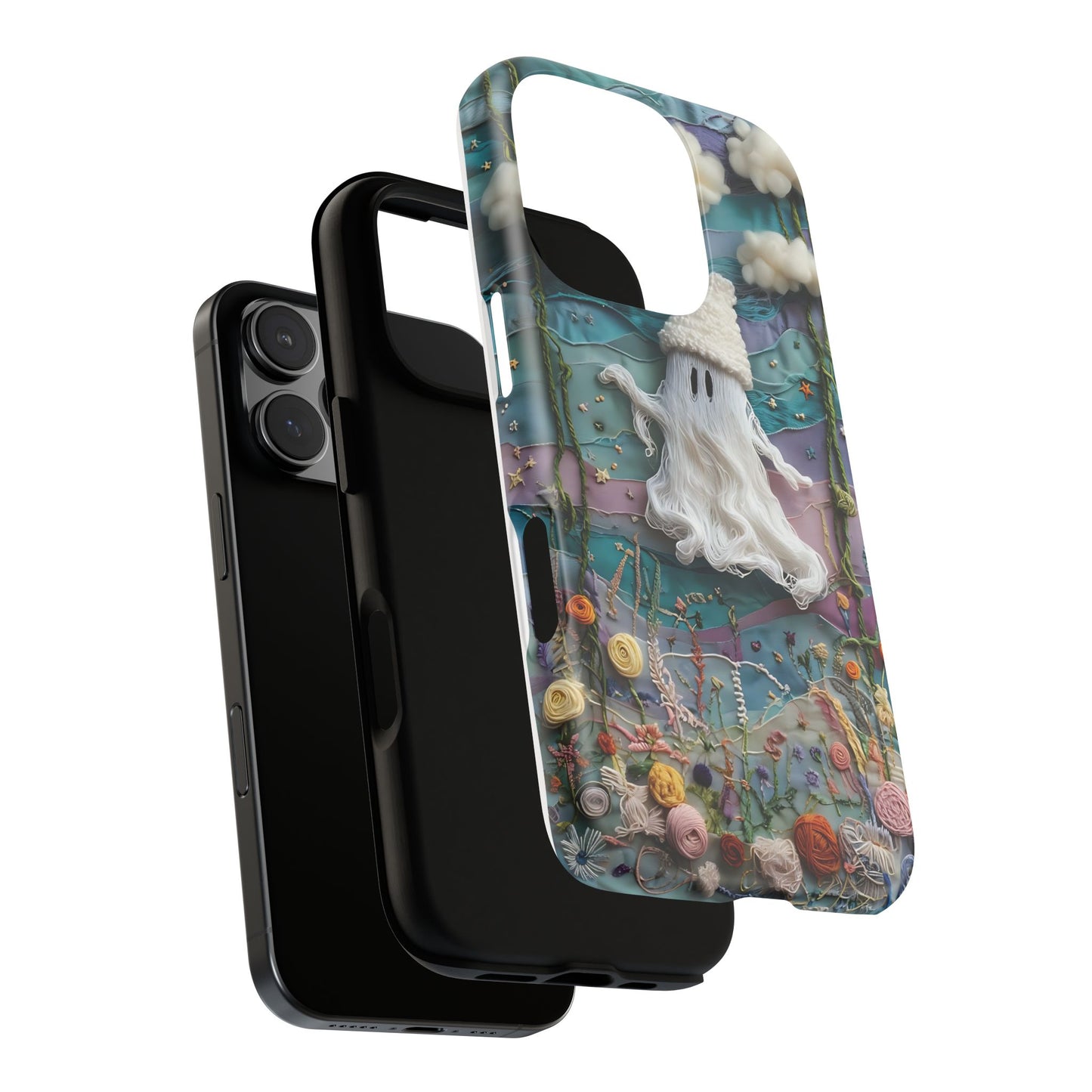 Whimsical Ghost Surrounded By Vibrant Embroidered Flowers phone case design.