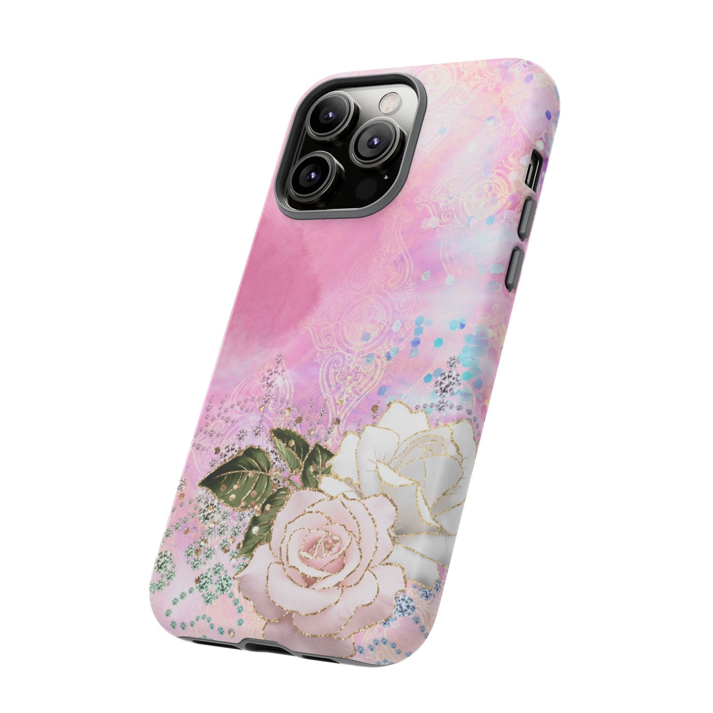 Luxury Pink & White Rose Glitter Mobile Case – Elegant & Shimmering Design