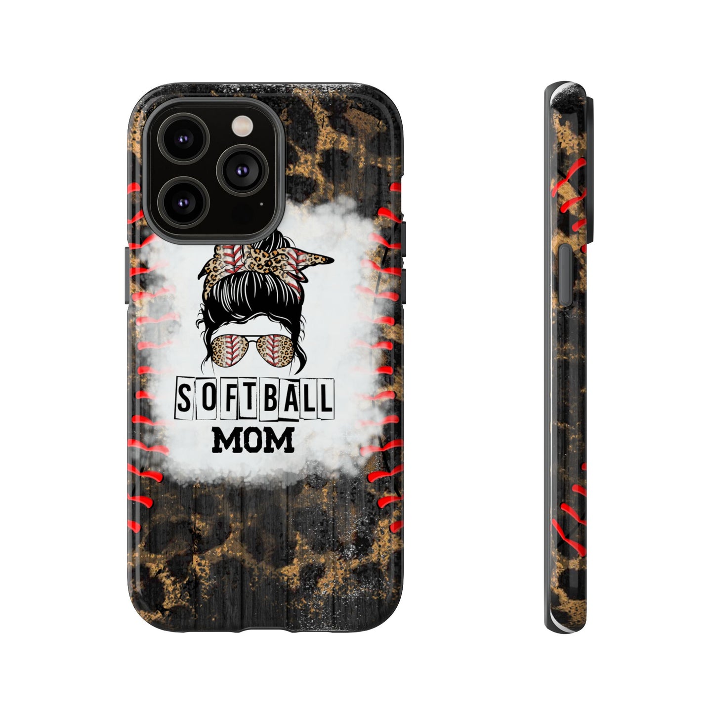 Softball Mom Phone Case for iPhone, Samsung & Google Pixel, Messy Bun Phone Case, Leopard Print Phone Case, Sports Lover Gift
