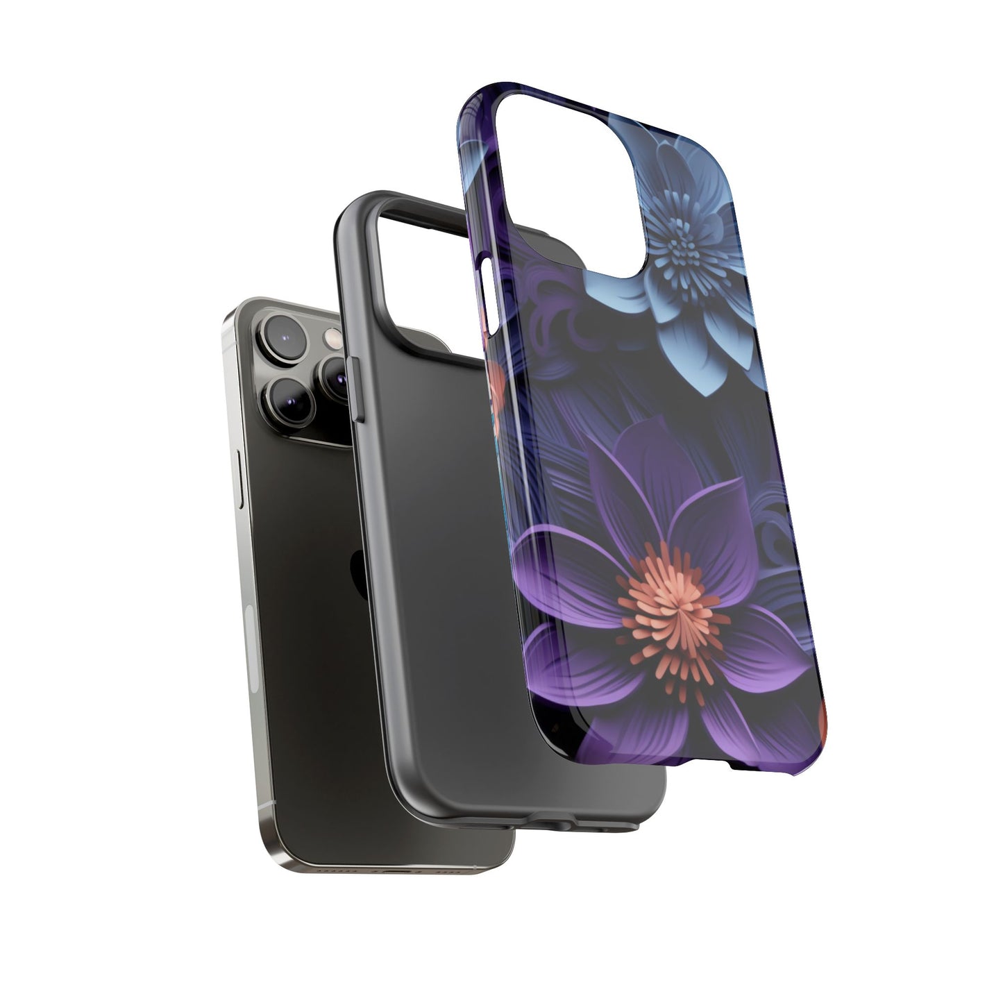 3D Floral Elegance Mobile Case – Midnight Blue & Purple Bloom