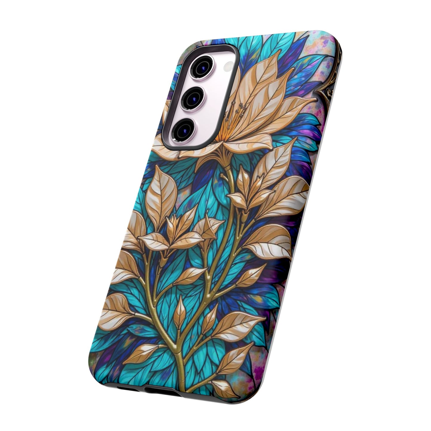 Majestic Golden Blossoms on Mosaic Blue Splendor