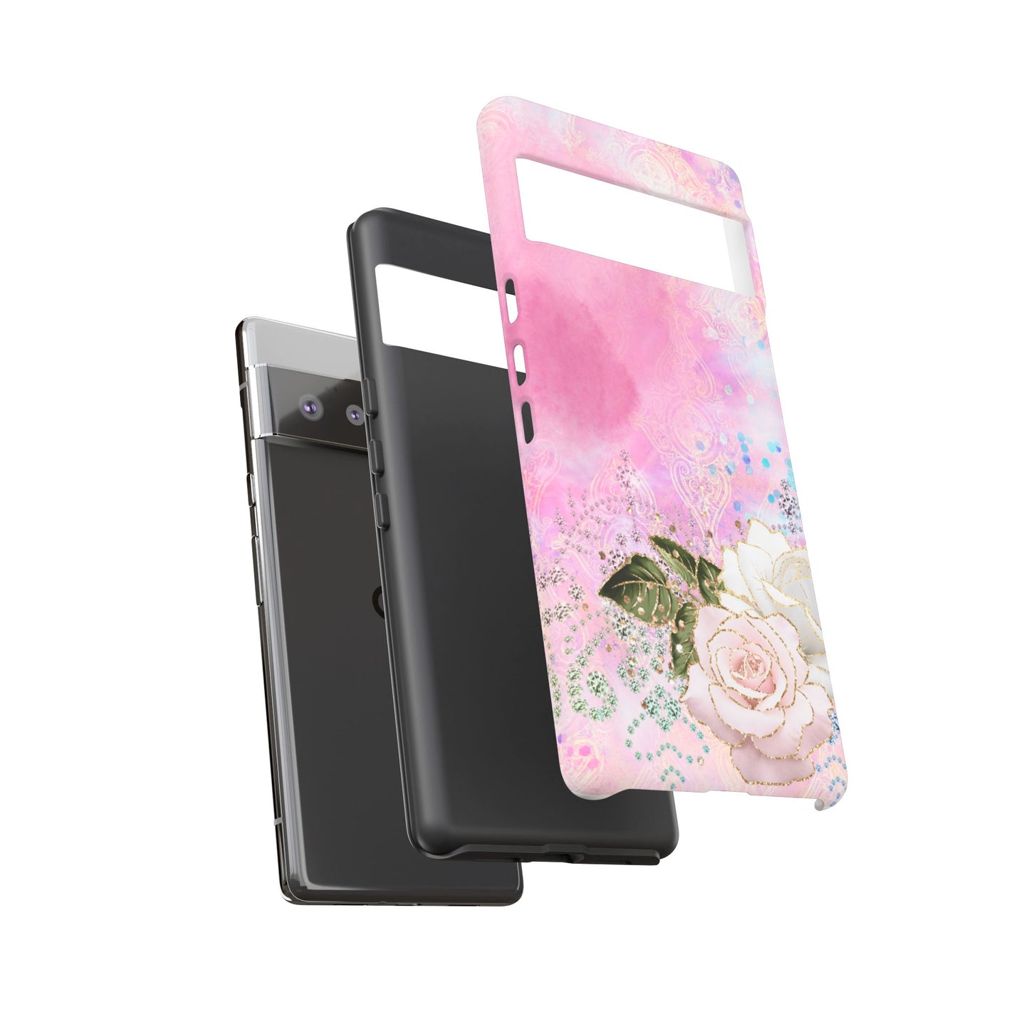 Luxury Pink & White Rose Glitter Mobile Case – Elegant & Shimmering Design
