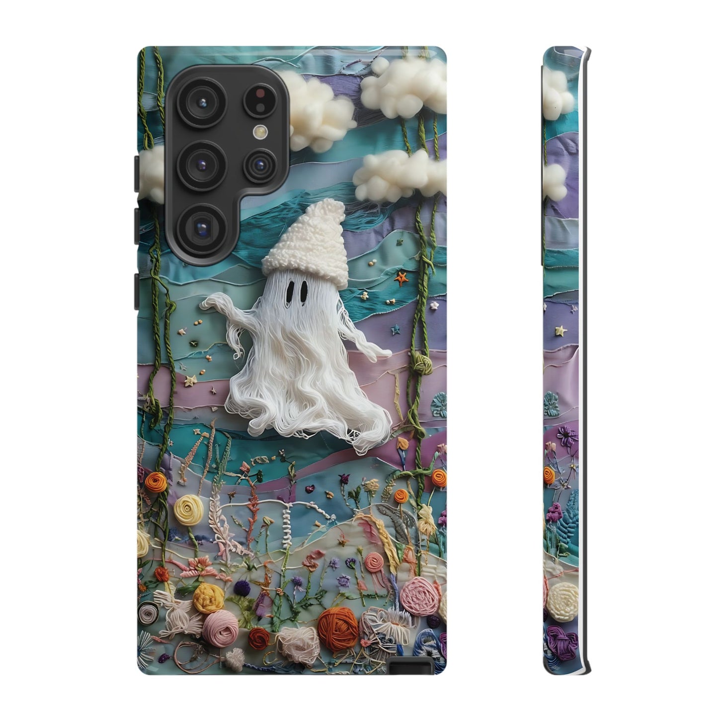 Whimsical Ghost Surrounded By Vibrant Embroidered Flowers phone case design.