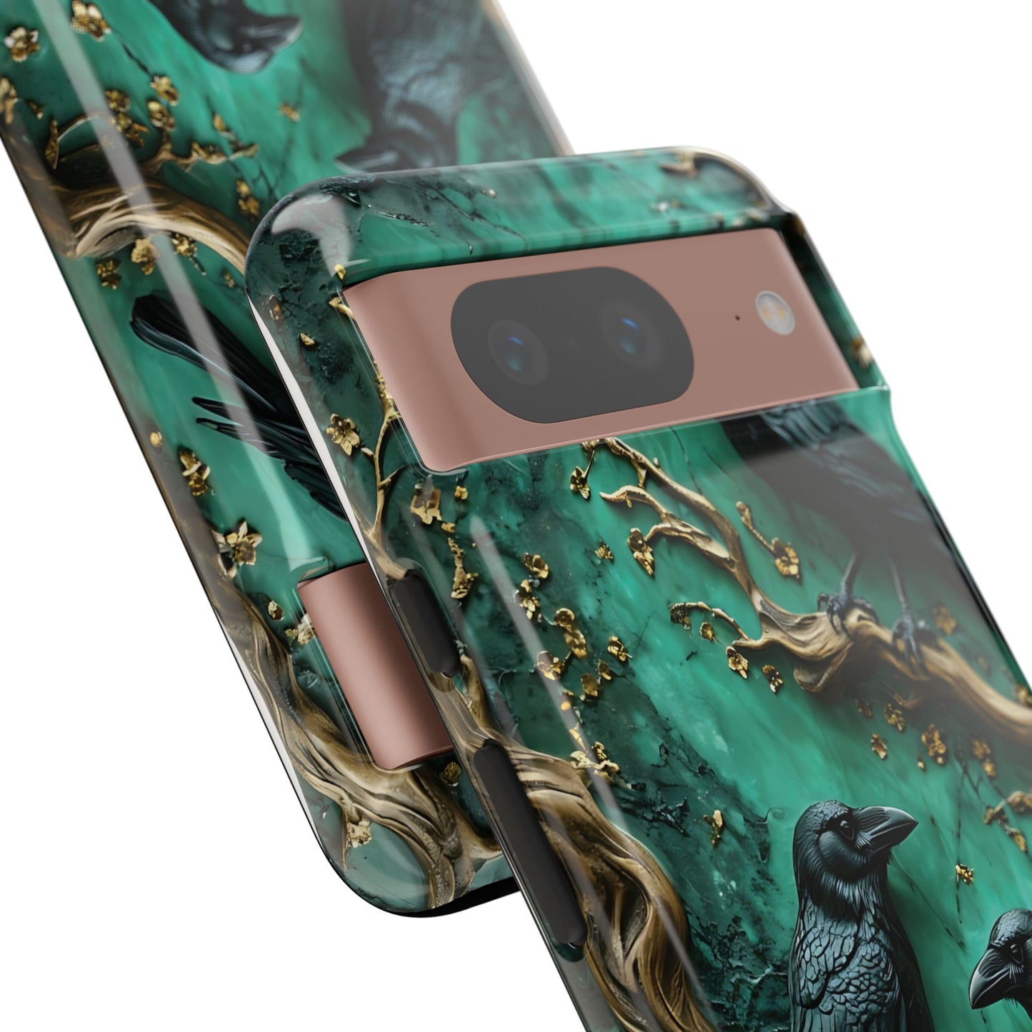 Three Black Ravens Perched On Gold-Accent Branches phone case design