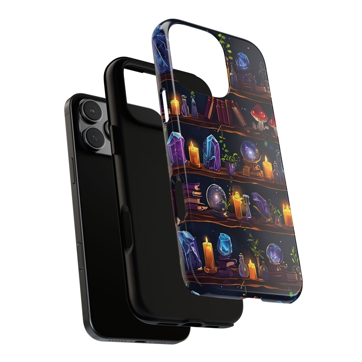 Fantasy Seamless Pattern Of Wooden Shelves Filled With Mystical Items phone case design.