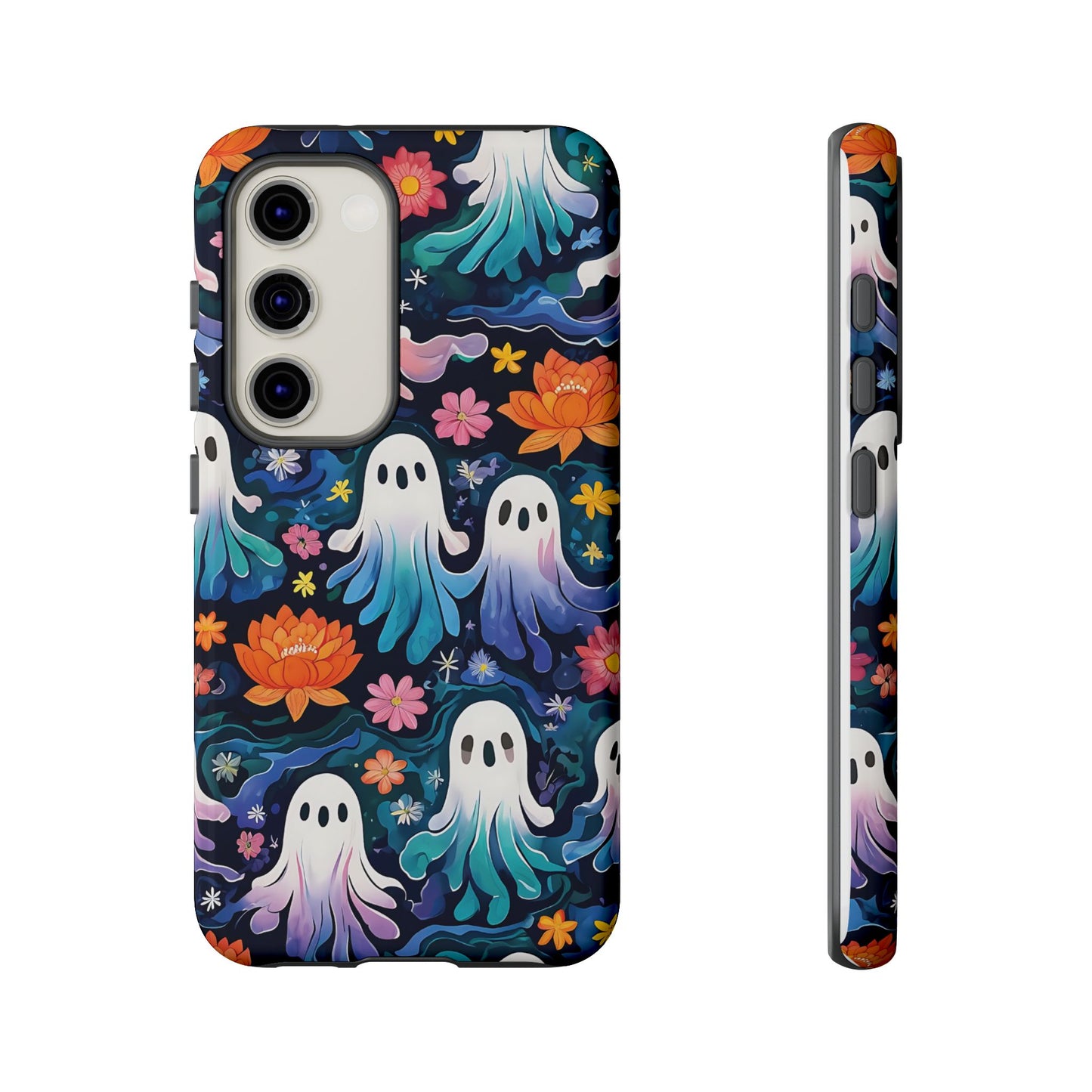 Whimsical Pattern Of Ghosts And Colorful Flowers phone case design.